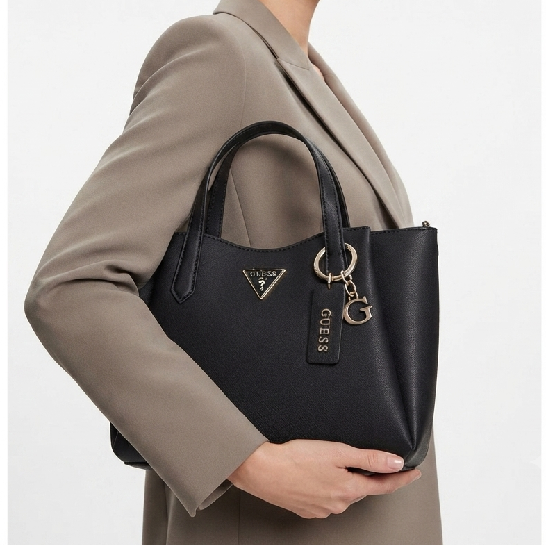 Guess Black Signature Logo Handbag with Luggage Tag Charm 👜✨