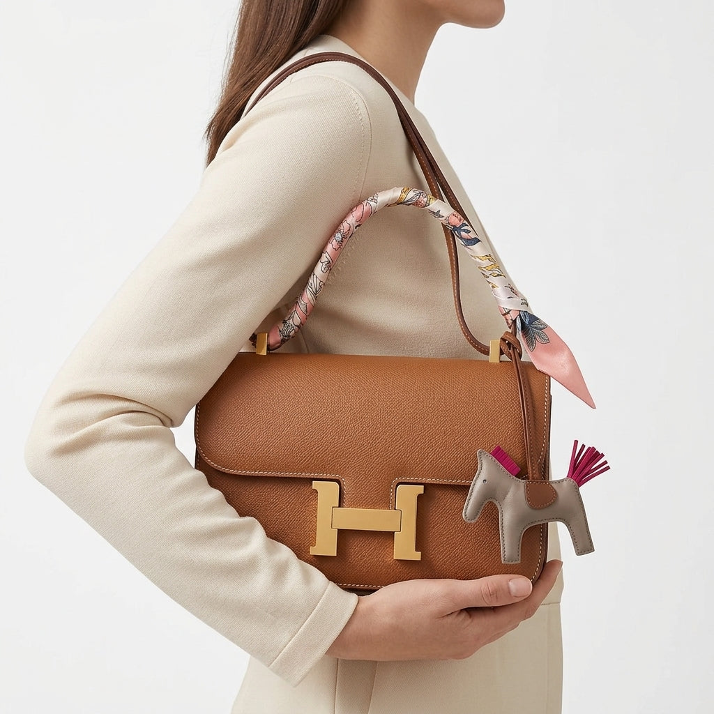 Elegant H-Clasp Shoulder Bag with Scarf Handle and Horse Charm
