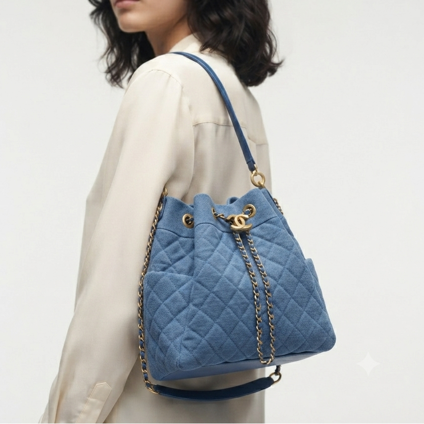 Chanel Quilted Denim Bucket Bag with Gold Tone Hardware