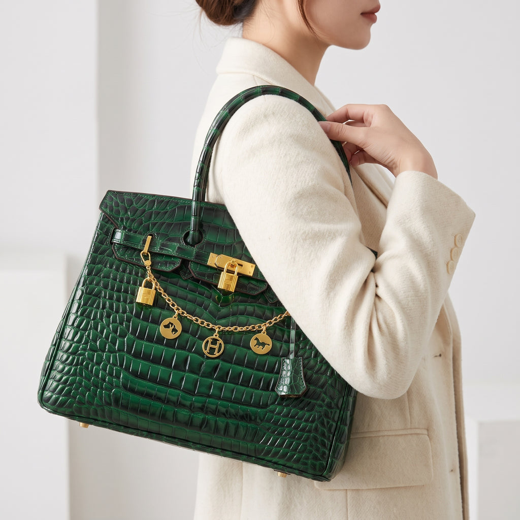 Emerald Crocodile Pattern Structured Handbag
