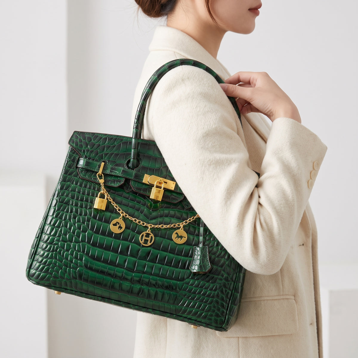Emerald Crocodile Pattern Structured Handbag