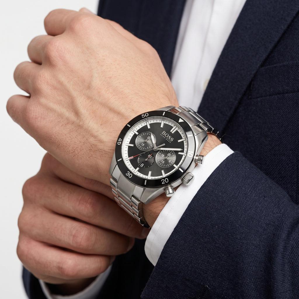 Hugo Boss Chronograph Stainless Steel Watch with Black Dial