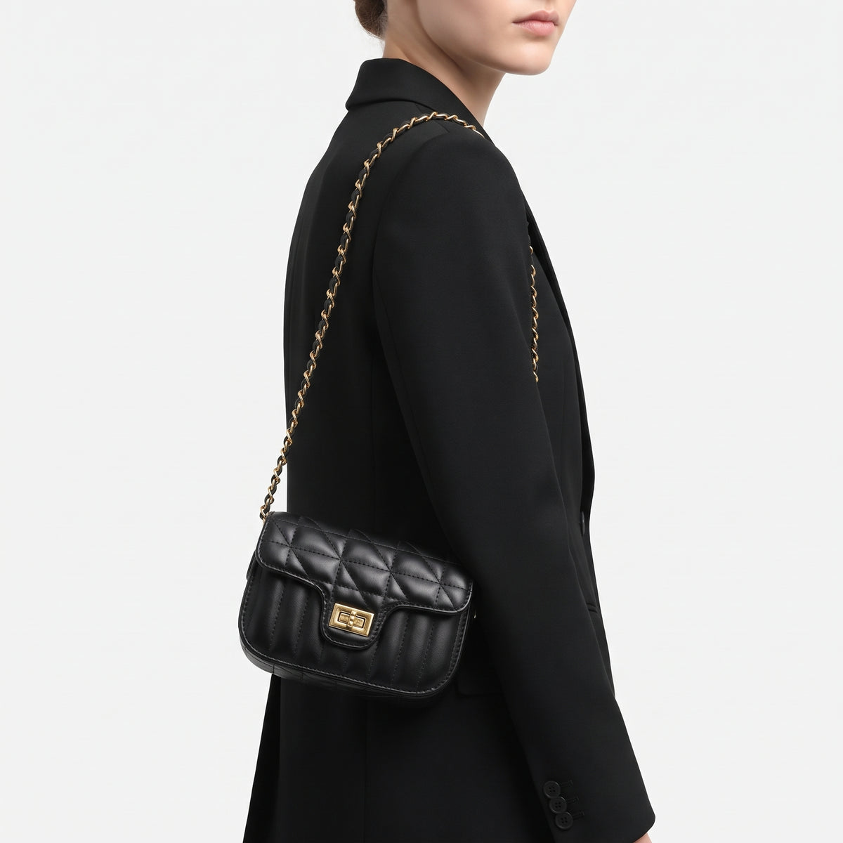 Quilted Chain Shoulder Bag with Gold Tone Turn Lock