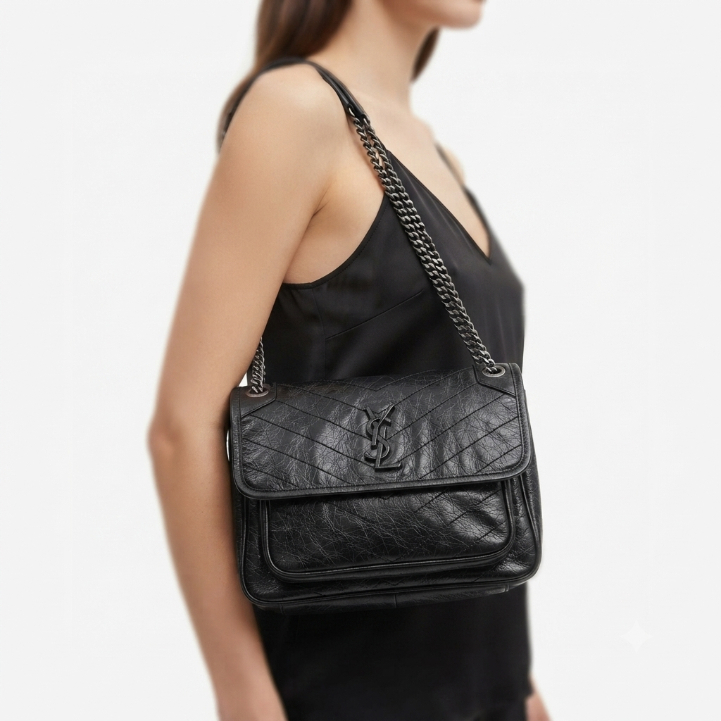 Saint Laurent Mirror Original Chain Bag in Distressed Black