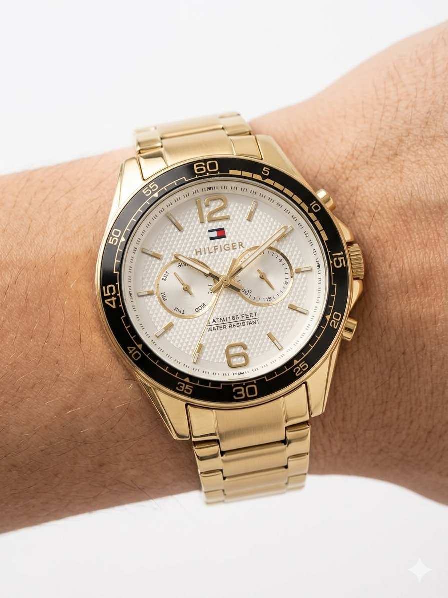 Tommy Hilfiger Gold-Tone Multifunction Watch with Black Bezel ⌚✨👑