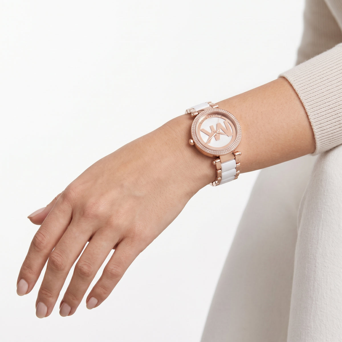 Michael Kors Gold-Tone and White Ceramic Crystal Bezel Watch