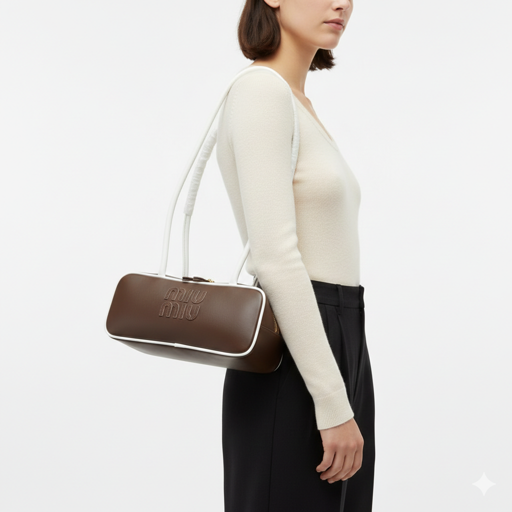 Miu Miu Leather Cylinder Bowling Bag with Contrast Piping 👜🍫✨
