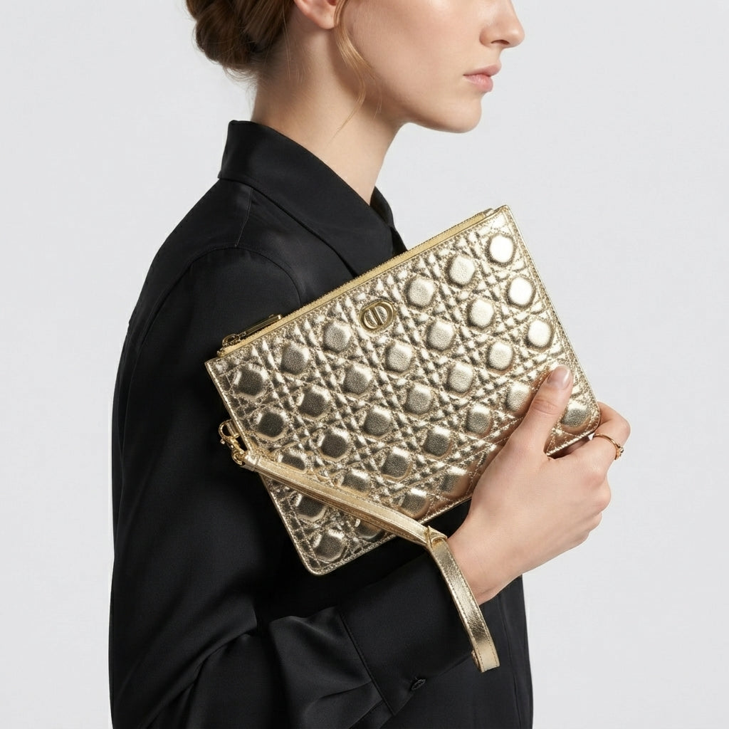 Elegant Quilted Wristlet Clutch with Gold Tone CD Hardware