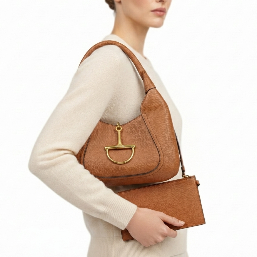 Horsebit Inspired Structured Handbag with Matching Pouch