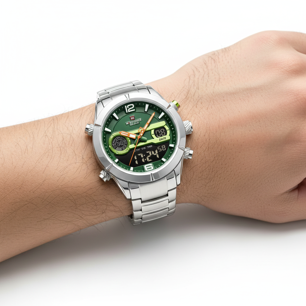 NAVIFORCE Men’s Stainless Steel Dual Display Sport Watch in Emerald Green ⌚🟢✨