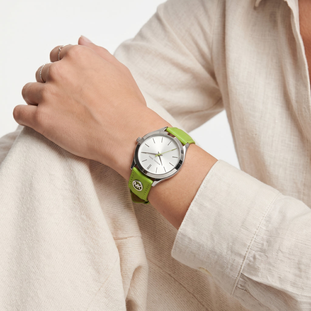Michael Kors Turquoise Leather Strap Silver Tone Women Watch