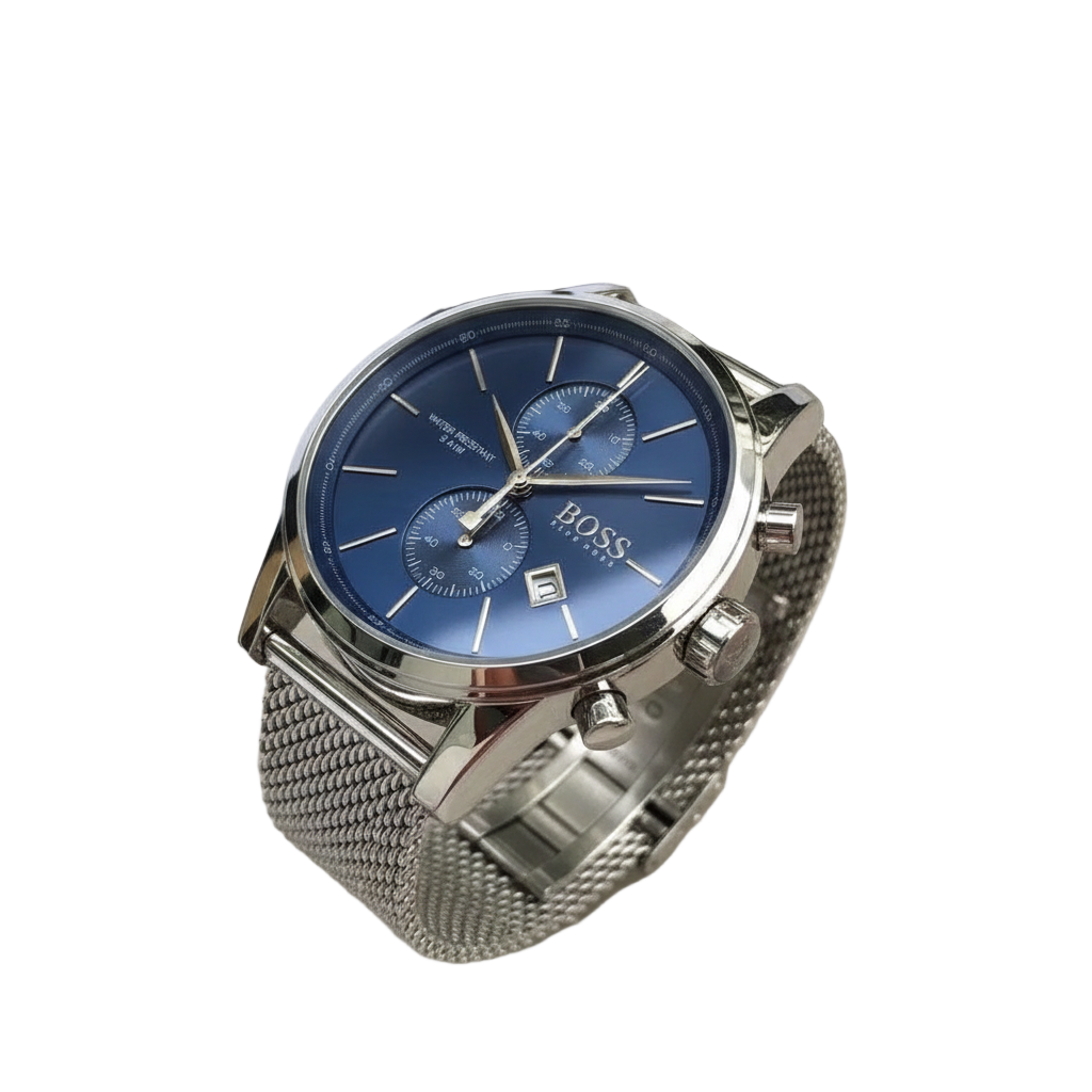 BOSS Men's Chronograph Watch Blue Sunray Dial Mesh Bracelet 💙⌚👔