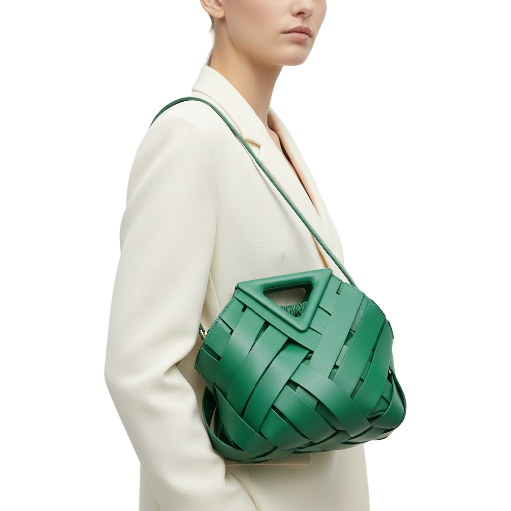 Green Sculpted Basket Weave Handbag with Cutout Handle 🍃🧩✨