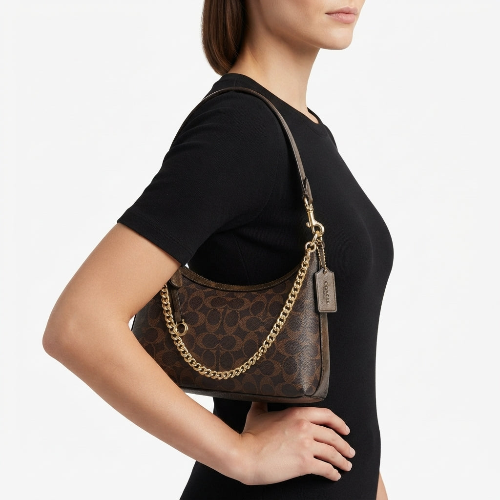 Coach Monogram Shoulder Bag with Gold Chain Strap