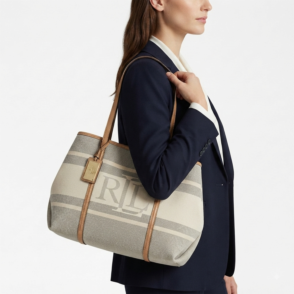 Ralph Lauren Signature Striped Canvas and Leather Tote Bag