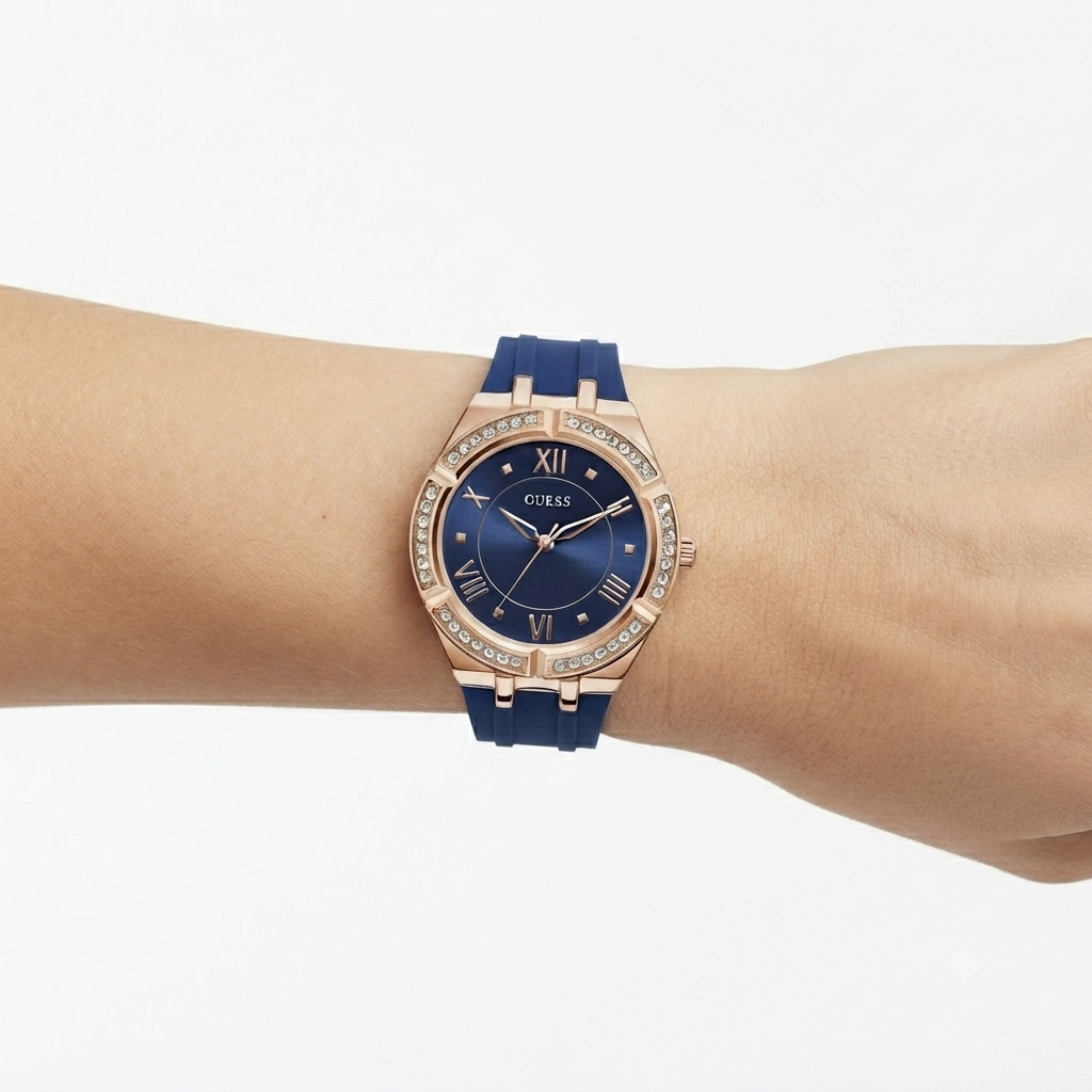 Guess Crystal Bezel Watch with Blue Silicone Strap
