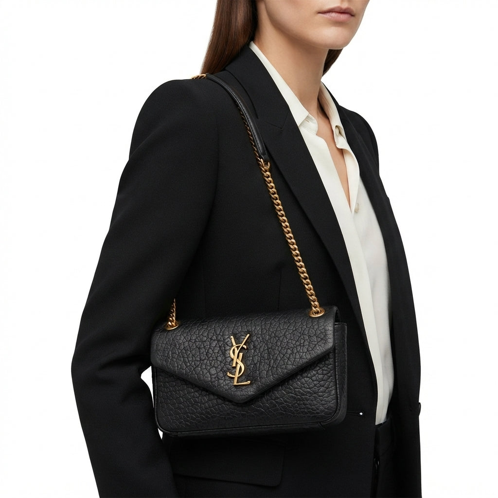 Saint Laurent Leather Shoulder Bag with Gold Tone Chain