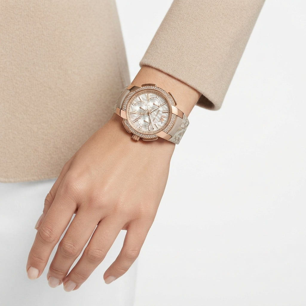 Michael Kors Rose Gold Monogram Chronograph Watch with Crystal Bezel