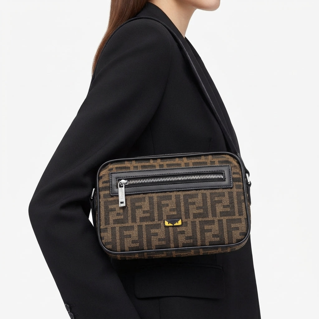 Fendi FF Logo Canvas Crossbody Bag with Bag Bugs Detail
