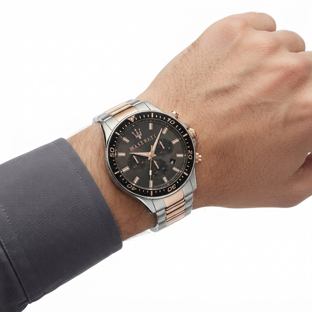 Maserati Two-Tone Chronograph Watch with Black Dial