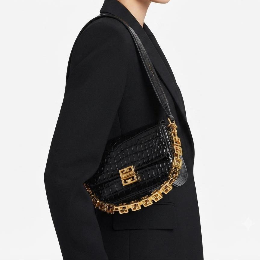 Givenchy Black Crocodile Effect Shoulder Bag with Gold Chain