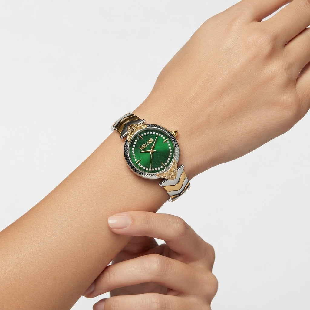 Just Cavalli Emerald Green Crystal Dial Stainless Steel Watch