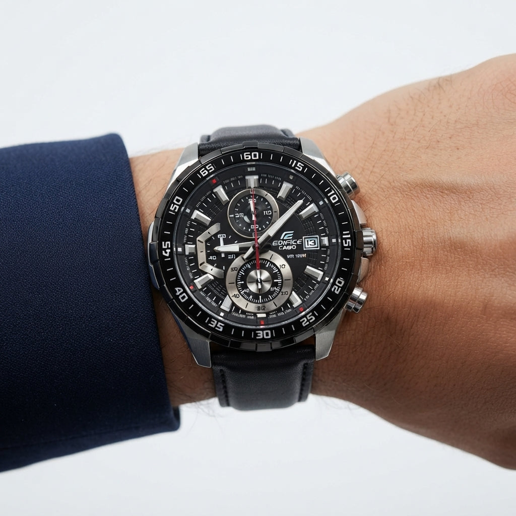 Casio Edifice Chronograph Watch with Black Leather Strap