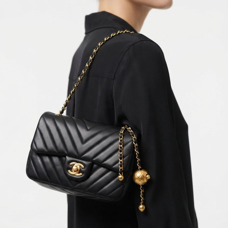 Chanel Black Leather Flap Bag with Signature Gold Ball Detail
