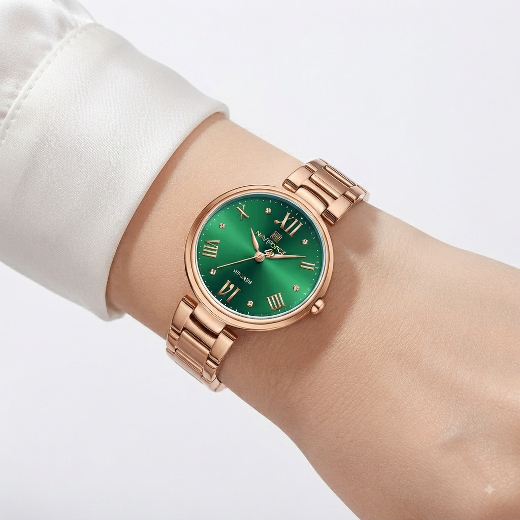 NAVIFORCE Rose Gold Stainless Steel Watch with Emerald Green Dial
