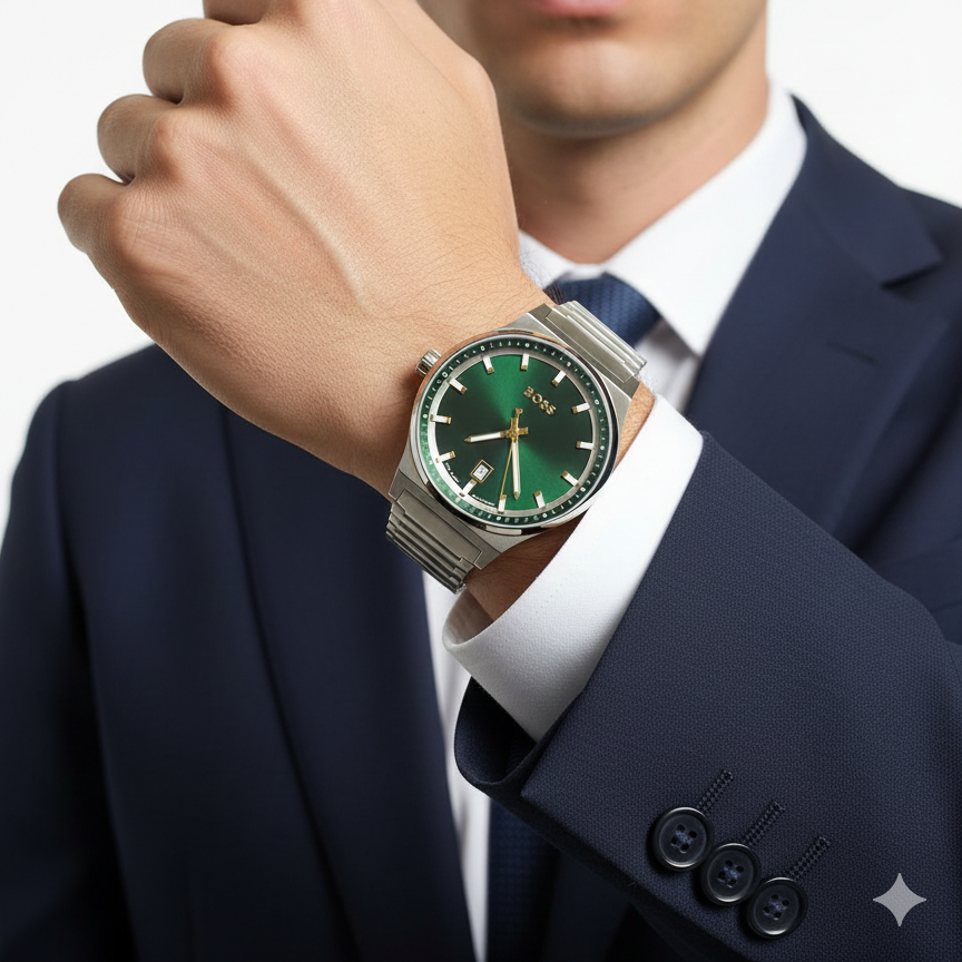 Gemini said BOSS Skymaster Silver Bracelet Watch with Emerald Green Dial ⌚✨👔