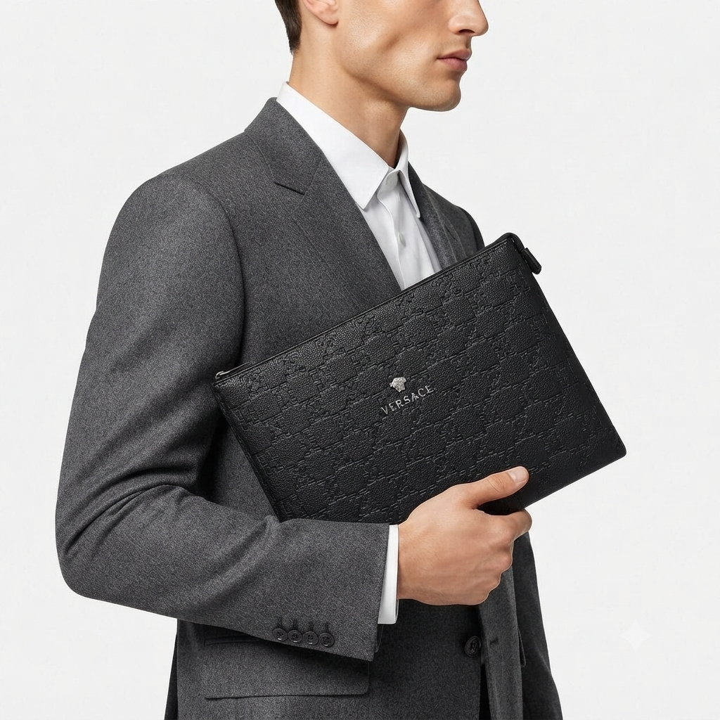 Versace La Medusa Black Embossed Leather Clutch