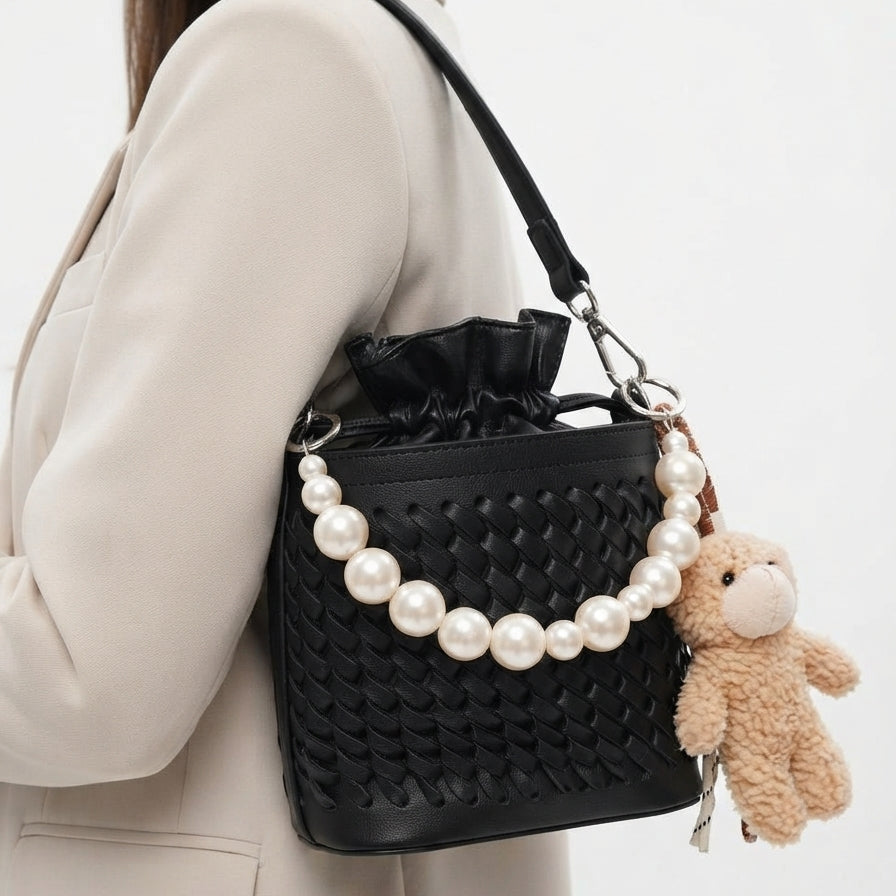 Woven Faux Leather Bucket Bag with Pearl Handle