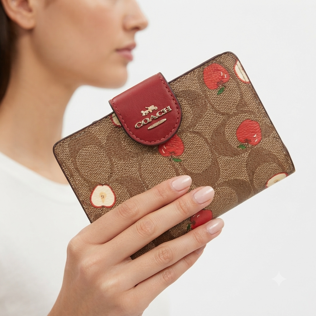 Coach Signature Apple Print Medium Corner Zip Wallet 🍎👜