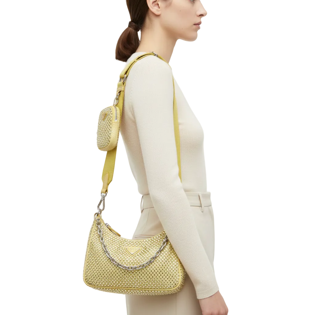 Prada Re-Edition 2005 Crystal-Embellished Nylon Bag in Mimosa Yellow 🍋✨👜