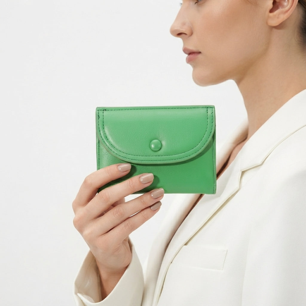 Vibrant Green Compact Button Wallet with Zipper Compartment
