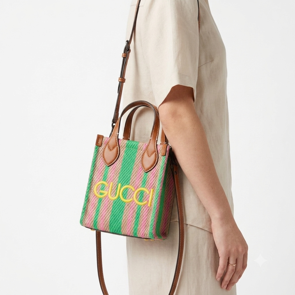 Gucci Striped Woven Mini Tote Bag with Leather Accents 👜✨