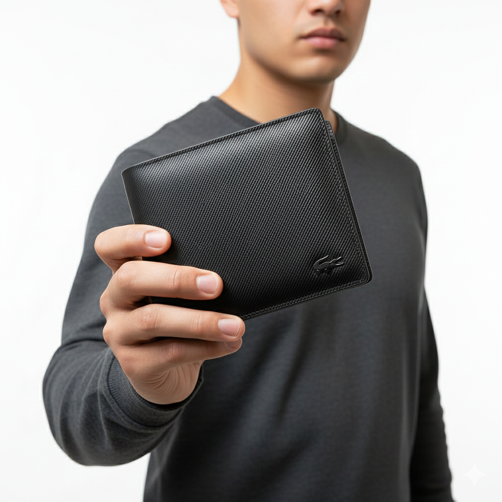 🐊 Lacoste Carbon Fiber Textured Bi-Fold Wallet in Black ⚫️