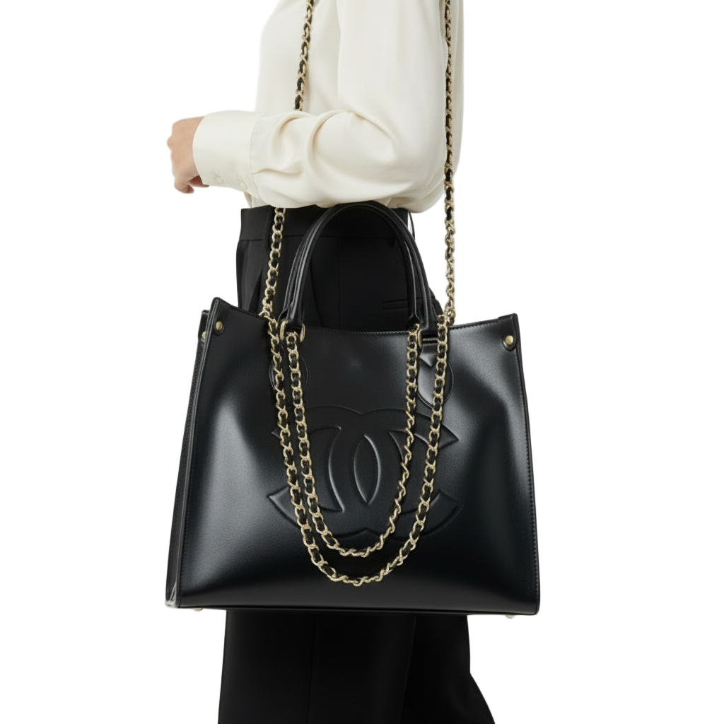 Chanel Black Leather Grand Shopping Tote with Gold Chain Detail ✨🖤🛍️