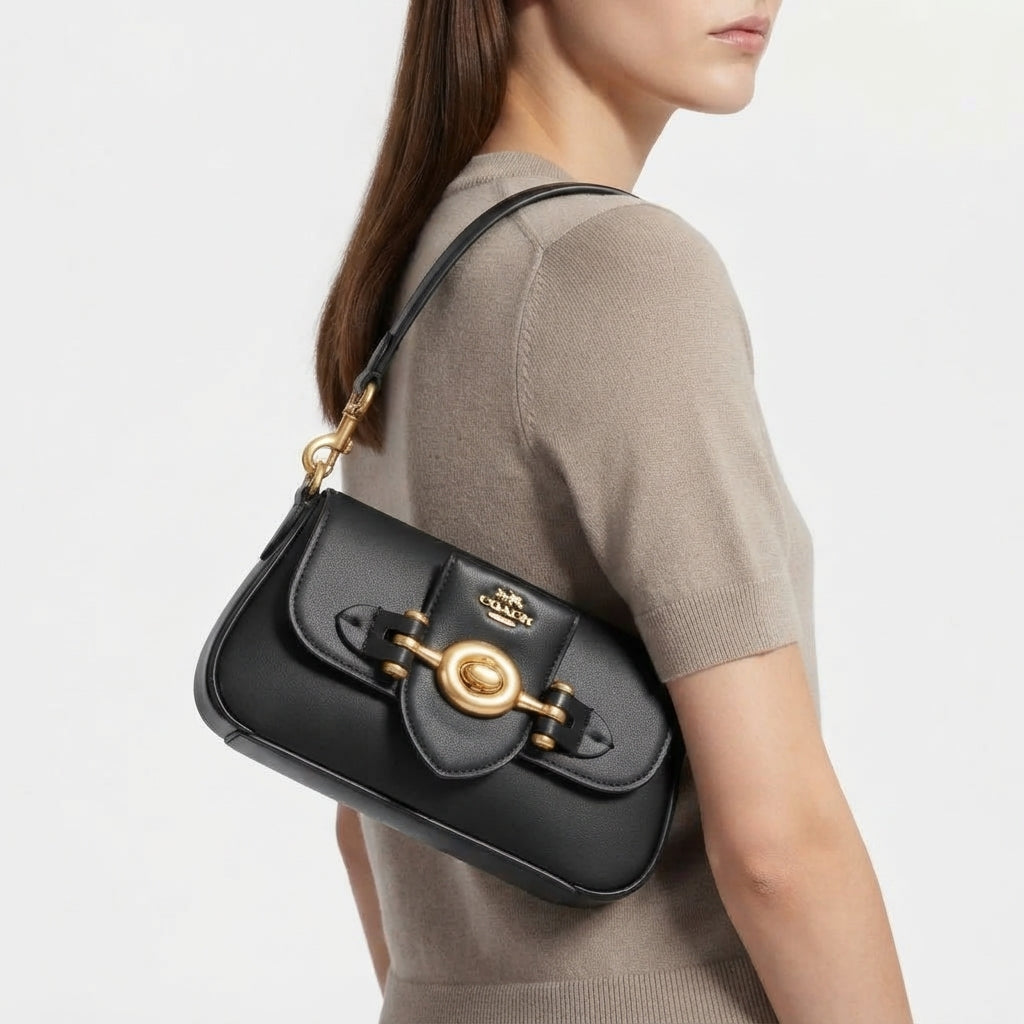 Coach Black Leather Crossbody with Signature Gold Tone Hardware