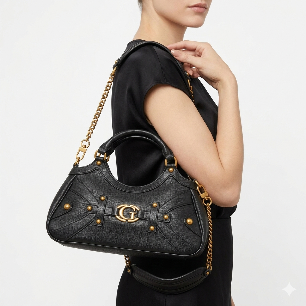 GUESS Black Pebbled Leather Shoulder Bag with Gold Hardware 🖤✨👜
