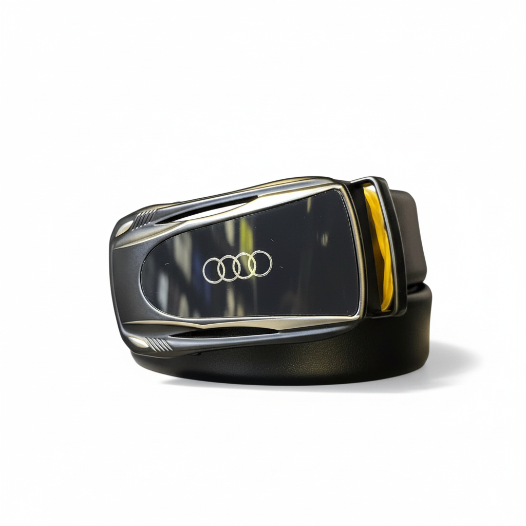Audi Men's Black Leather Belt with Silver Rings Logo Buckle 🚗⚫️✨