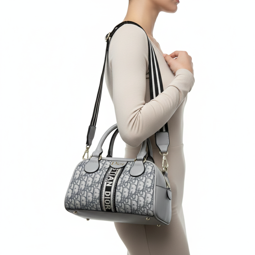 Dior Style Gray Monogram Boston Bag with Logo Strap 🤍👜✨