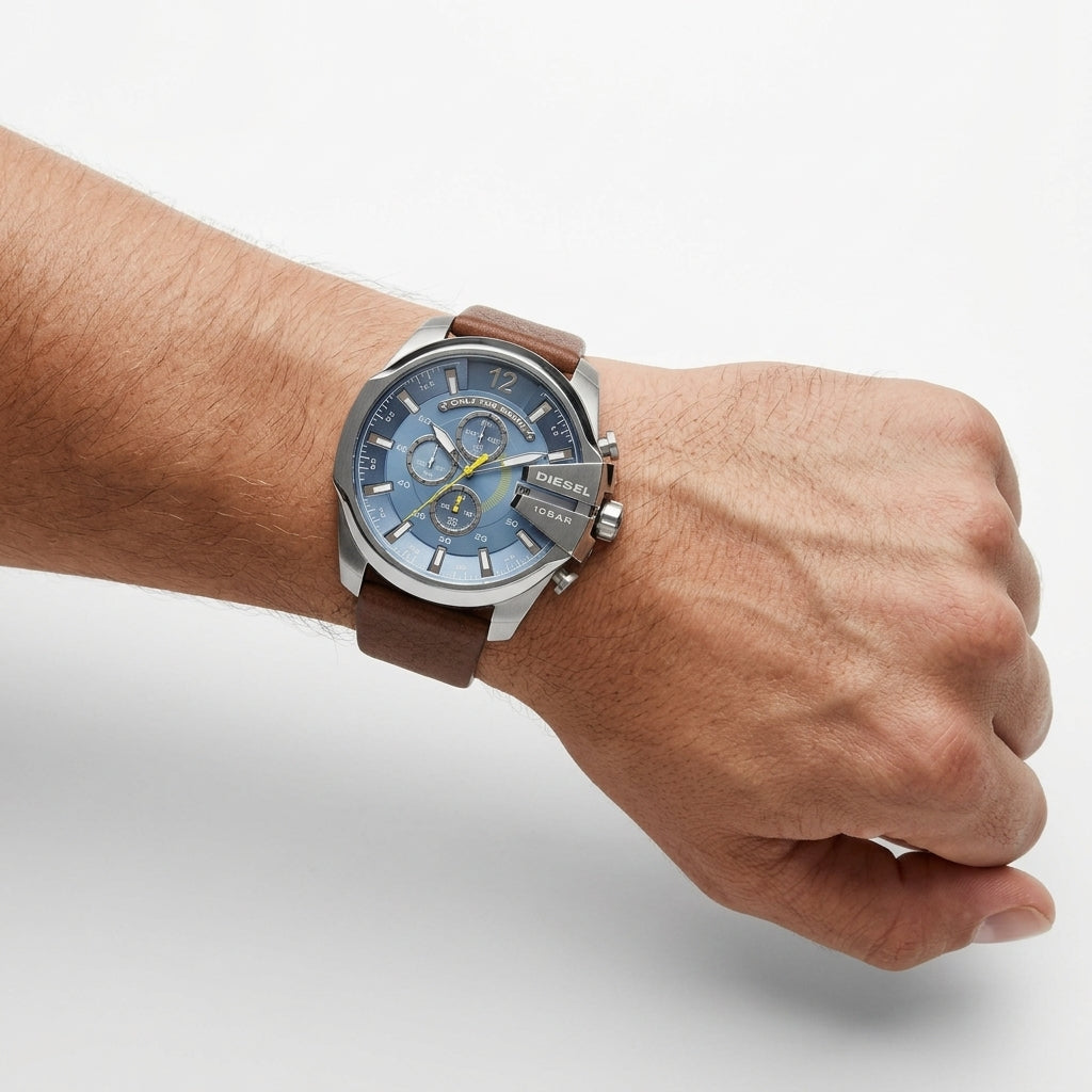 Diesel Only The Brave Chronograph Blue Dial Brown Leather Watch