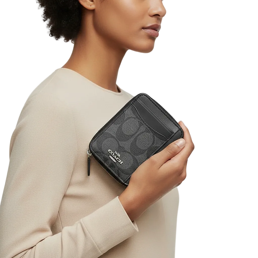 Coach Signature Zip Card Case in Charcoal and Black 💼🖤✨