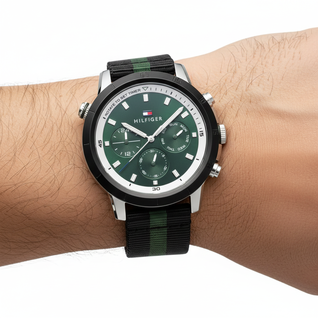 Tommy Hilfiger Men's Green Dial Multi-Function Fabric Strap Watch 💚⌚️🏁