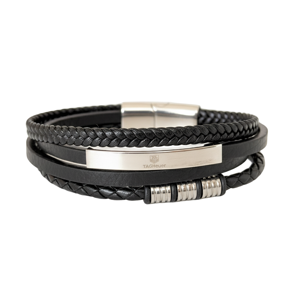 TAG Heuer Style Multi-Layer Black Leather ID Bracelet