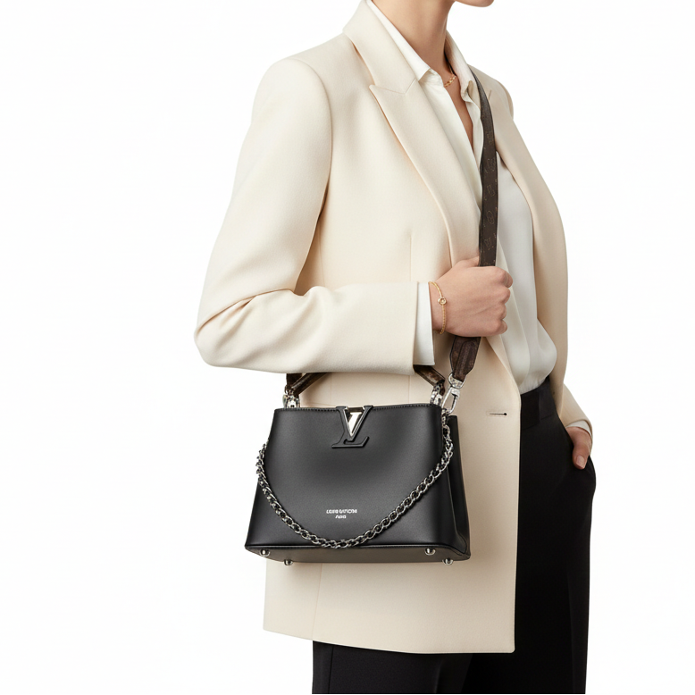 Louis Vuitton Capucines-Style Black Leather Handbag with Monogram Strap 👜🖤✨