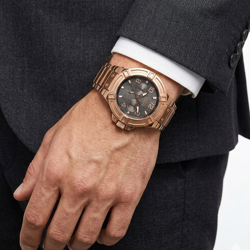 Guess Men's Rose Gold Multi-Function Watch with Textured Dial ⌚️✨💼