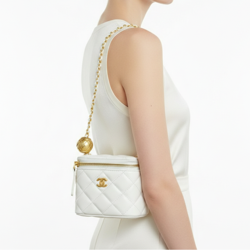 Chanel White Quilted Lambskin Vanity Case with Gold Ball Chain 👜✨🤍