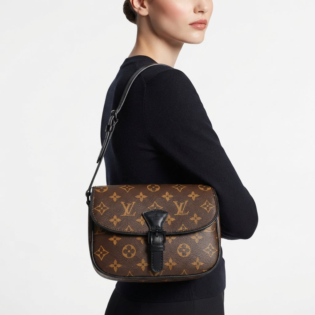 Louis Vuitton Monogram Canvas Bag with Black Leather Trim